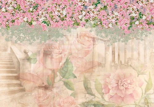 пейзаж, развалины, светлые, розовые, розы, цветы