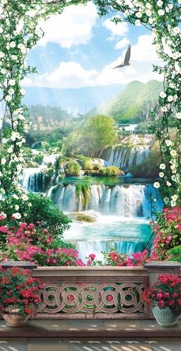 пейзаж, водопад, с цветами