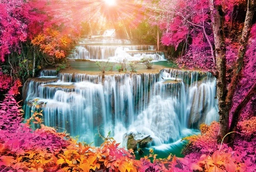 пейзаж, водопад, терассы, кусты, фуксия