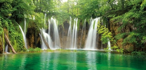 пейзаж, водопады, зеленая, деревья, озеро