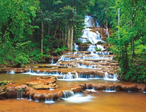 пейзаж, водопад, терассы, лес, зеленая, коричневая