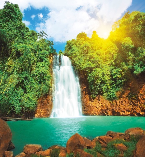 пейзаж, водопад, озеро, зеленая, камни, деревья, коричневая