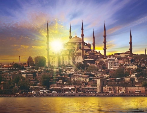 пейзаж, город, восточные, рассвет, золотые, синий, мечеть, закат