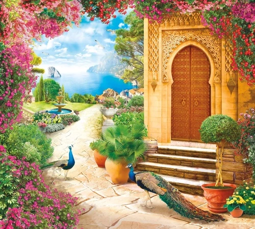 пейзаж, восточные, дворик, павлин