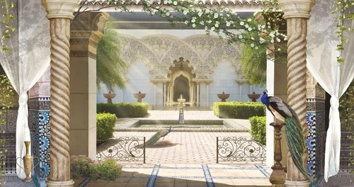 пейзаж, восточные, павлин, колонны