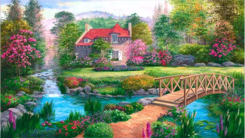 пейзаж, яркие, цветные, домик, лес, река, мост, природа, цветы, деревья, зеленые, синие, розовые, мостик, голубые, сельский пейзаж, яркий, водопад, красочные