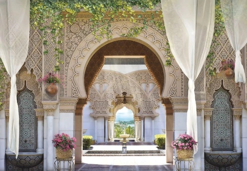 пейзаж, восточные, арка, шторы