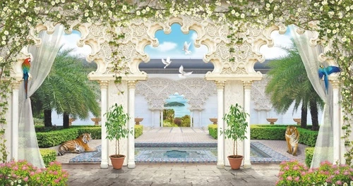 пейзаж, восточные, арка, тигр, море