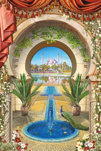 пейзаж, восточные, фонтан, арка, синий