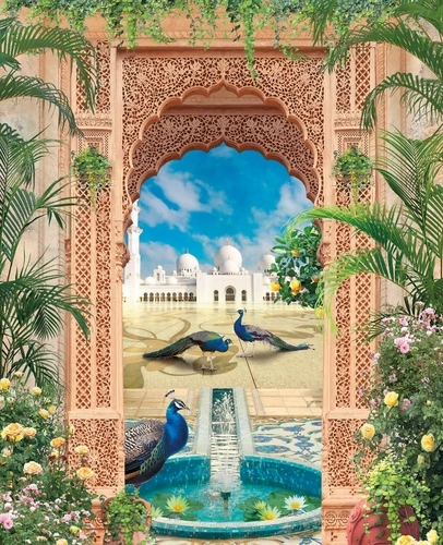 пейзаж, восточные, арка, павлин, фонтан, небо