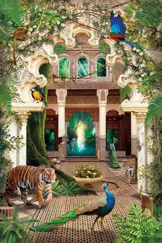 пейзаж, восточные, тигр, павлин
