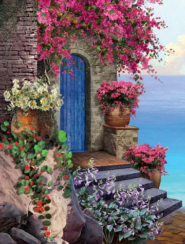 белые, замок, здание, дверь синяя, лестница, камни, фиолетовые, цветы