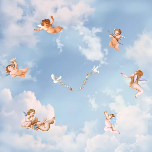 облака, небо, белые, голуби, в детскую комнату, на потолок, ангелочки, ангелы, дети, цветы, голубые, венки, небеса, потолок