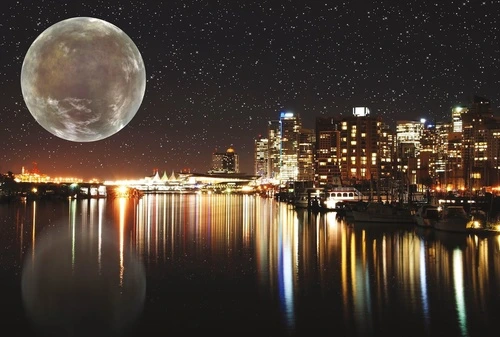 улочки, города, ночной город, мегаполис, луна