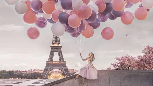 улочки, города, париж, воздушные шары, девушка