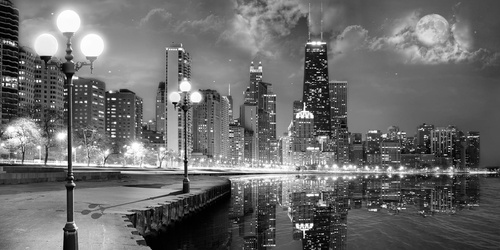 в офис, мегаполис, черно-белые, набережная, фонари