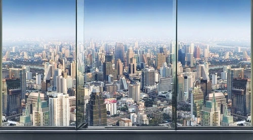 в офис, мегаполис, город, панорама, окно, синий