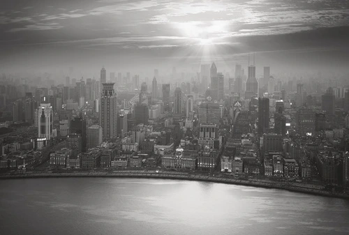 в офис, мегаполис, город, черно-белые, панорама из окна, серые