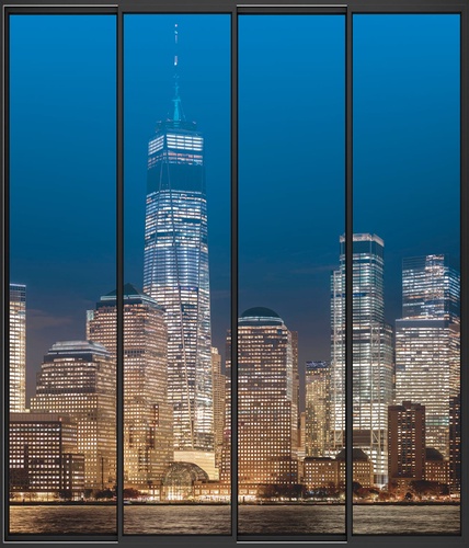 в офис, окно, мегаполис, город, синий, желтая