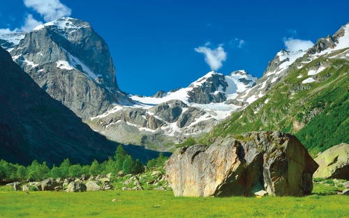 пейзаж, горы, трава, снег