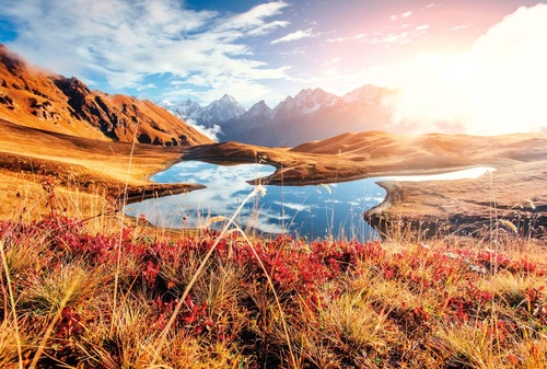 пейзаж, горы, рыжие, озеро, солнечная