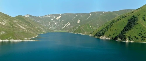 пейзаж, горы, море, зеленая, синий