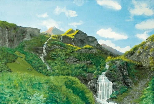 пейзаж, горы, зеленые, водопад