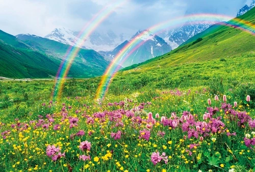 пейзаж, горы, с цветами, с радугой