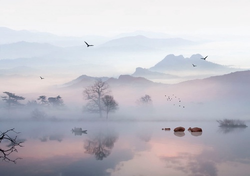 пейзаж, горы, в тумане, розово-голубая