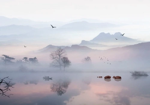 пейзаж, горы, в тумане, розово-голубая