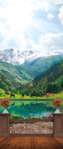 пейзаж, горы, терраса, озеро, лошади