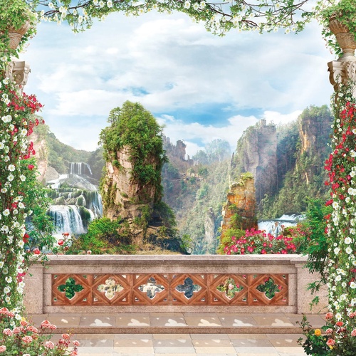 пейзаж, горы, терраса, с цветами