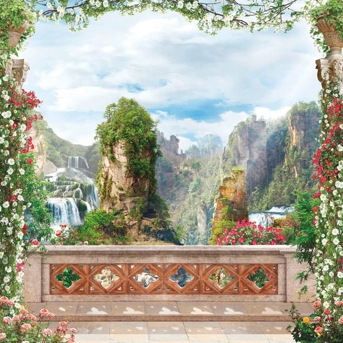 пейзаж, горы, терраса, с цветами