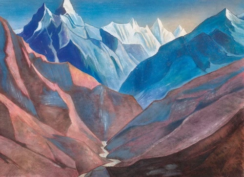 пейзаж, горы, розово-голубые, акварель