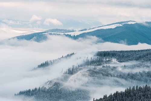 пейзаж, горы, бело-голубые, бирюзовые, горы в тумане