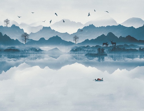 пейзаж, горы, современные, бело-синие, серо-бирюзовые