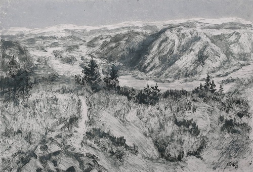 пейзаж, горы, черно-белые, графика