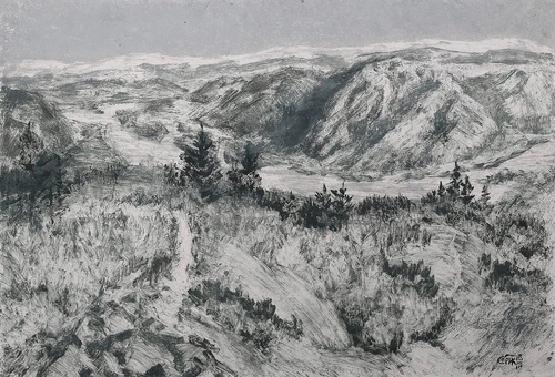 пейзаж, горы, черно-белые, графика