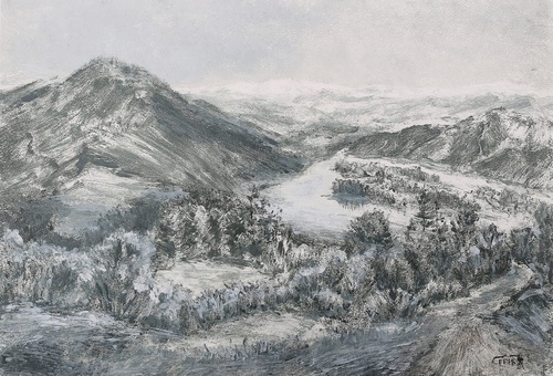 пейзаж, горы, черно-белые, графика