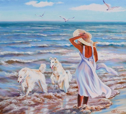 молодежные, девушка, море, собаки