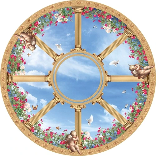 потолок, круглые, голубая, с цветами, небо