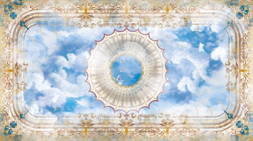 потолок, большой размер, прямоугольный, красивые, небо с облаками, с узорами, с золотом
