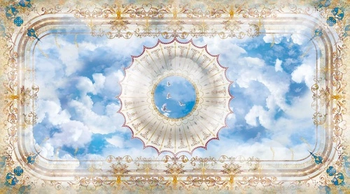 потолок, большой размер, прямоугольный, красивые, небо с облаками, с узорами, с золотом