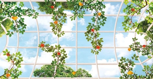 потолок, широкие, небо, с ветками роз