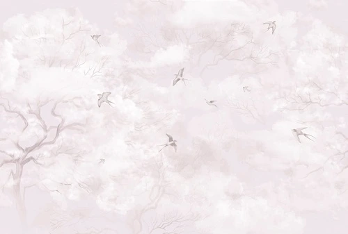 современные, дерево, птицы, светло коричневая, бледно розовая