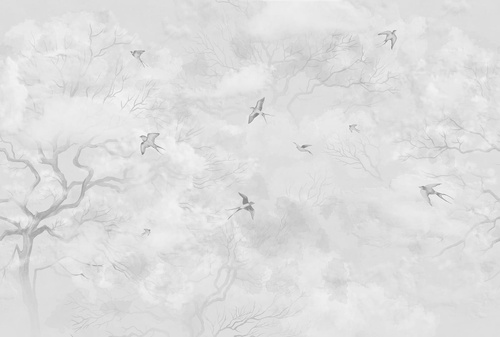 современные, дерево, птицы, светло серая