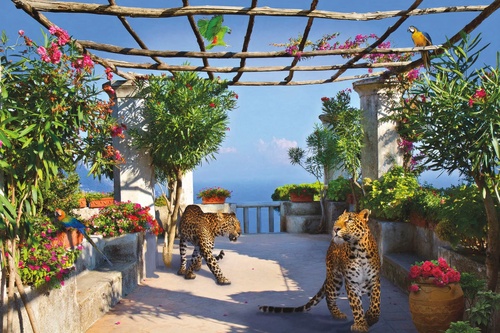 в загородный дом, тигры, веранда