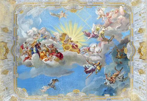 ангелы, белые, небо, стены, колесница, картина, икона, небеса, архангелы, золотые, облака, трещины, голубые, в детскую комнату