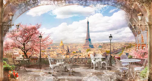 стулья, эйфелева башня, балкон, франция, париж, облака, небо, изгородь, вид на город, город, вид из арки, столы