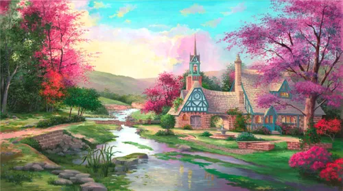 пейзаж, яркие, сиреневые, розовые, деревья, голубые, церковь, сельский пейзаж, пруд, красочные, зеленые, природа, цветы, розовые деревь, сиреневые деревья, река, кусты, часовня